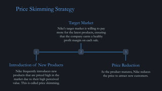 Price Skimming Strategy
Introduction of New Products
Nike frequently introduces new
products that are priced high in the
market due to their high perceived
value. This is called price skimming.
Target Market
Nike's target market is willing to pay
more for the latest products, ensuring
that the company earns a healthy
profit margin on each sale.
1 2 3
Price Reduction
As the product matures, Nike reduces
the price to attract new customers.
 