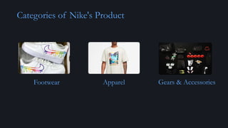 Categories of Nike's Product
Footwear Apparel Gears & Accessories
 