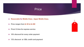 Price
 Reasonable for Middle Class , Upper Middle Class.
 Price ranges from tk 30 to tk 450
 Price1.5 time for express service
 10% discount for every order payment
 12% discount at EBL credit card payment
 