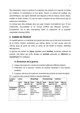 3
Des dispositions visent à renforcer la protection des produits et à essayer de limiter
les imitations et contrefaçons en tout genre. Quand un produit est protégé, ses
caractéristiques, ses signes distinctifs sont déposés à titre de marque, brevet, dessin,
modèle ou droits d‘auteur. En cas de copie, le titulaire de ces droits pourra agir en
justice pour contrefaçon.
La marque peut être protégée dans son pays d‘origine (normalement pour 10 ans
indéfiniment renouvelable) et en Europe (l‘Office des Marques del‘Union
Européenne). Sur le plan International existe un organisme de la propriété
industrielle à Genève (ONU).
II. GAMME DE PRODUIT
On appelle gamme un ensemble de produits liés entre eux du fait qu‘ils fonctionnent
de la même manière, s‘adressent aux mêmes clients, ou sont vendus dans les
mêmes types de points de vente ou zones de prix (Kotler et Dubois, Marketing
Management)
La gamme est divisée en lignes appelées aussi familles, ensemble cohérent de
produits. Ces lignes sont enfin divisées en produits présentés en référence ou
assortiment d‘un catalogue.
A. Dimension de la gamme
 Largeur de la gamme= nombre de produits réellement différents (lignes)
 Profondeur de la gamme= nombre de produits répondant à des besoins
similaires
 Longueur, étendue de la gamme= ensemble des produits de toutes les lignes
Ex :La gamme des produits l‘Oréal en grande distribution
Largeur :
ligne
soins Maquillage shampooings solaires
Haut
de
gamme
Bas de
gamme
Haut
de
gamme
Bas de
gamme
Haut
de
gamme
Bas de
gamme
Haut
de
gamme
Bas de
gamme
Profondeur
produits
De jour De
nuit
Hydratant
Yeux
Démaquillant
Fond de teint
Fard
Eye liner
Rouge lèvres
Ricil
Lavages
fréquents
Cheveux gras
Cheveux secs
Cheveux normaux
Cheveux colorés
Ecran total
Indice 15
Indice 8
Indice 2
Enfants
 