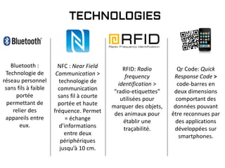 TECHNOLOGIES
Bluetooth :
Technologie de
réseau personnel
sans fils à faible
portée
permettant de
relier des
appareils entre
eux.
NFC : Near Field
Communication >
technologie de
communication
sans fil à courte
portée et haute
fréquence. Permet
= échange
d’informations
entre deux
périphériques
jusqu’à 10 cm.
RFID: Radio
frequency
identification >
“radio-etiquettes”
utilisées pour
marquer des objets,
des animaux pour
établir une
traçabilité.
Qr Code: Quick
Response Code >
code-barres en
deux dimensions
comportant des
données pouvant
être reconnues par
des applications
développées sur
smartphones.
 