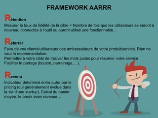 FRAMEWORK AARRR
Rétention
Mesurer le taux de fidélité de la cible = Nombre de fois que les utilisateurs se seront à
nouveau connectés à l’outil ou auront utilisé une fonctionnalité…
Referral
Faire de vos clients/utilisateurs des ambassadeurs de votre produit/service. Rien ne
vaut la recommandation.
Permettre à votre cible de trouver les mots justes pour résumer votre service
Faciliter le partage (bouton, parrainage,…).
Revenu
Indicateur déterminé entre autre par le
pricing (qui généralement évolue dans
la vie d’une startup), Calcul du panier
moyen, le break even revenue…
 