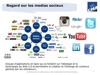 Regard sur les medias sociaux




Groupe d’applications en ligne qui se fondent sur l’idéologie et la
technologie du Web 2.0 et permettent la création et l’échange de contenus
générés par les utilisateurs.
                  Marketing mobile & medias sociaux: outils d’optimisation des actions marketing   7
 