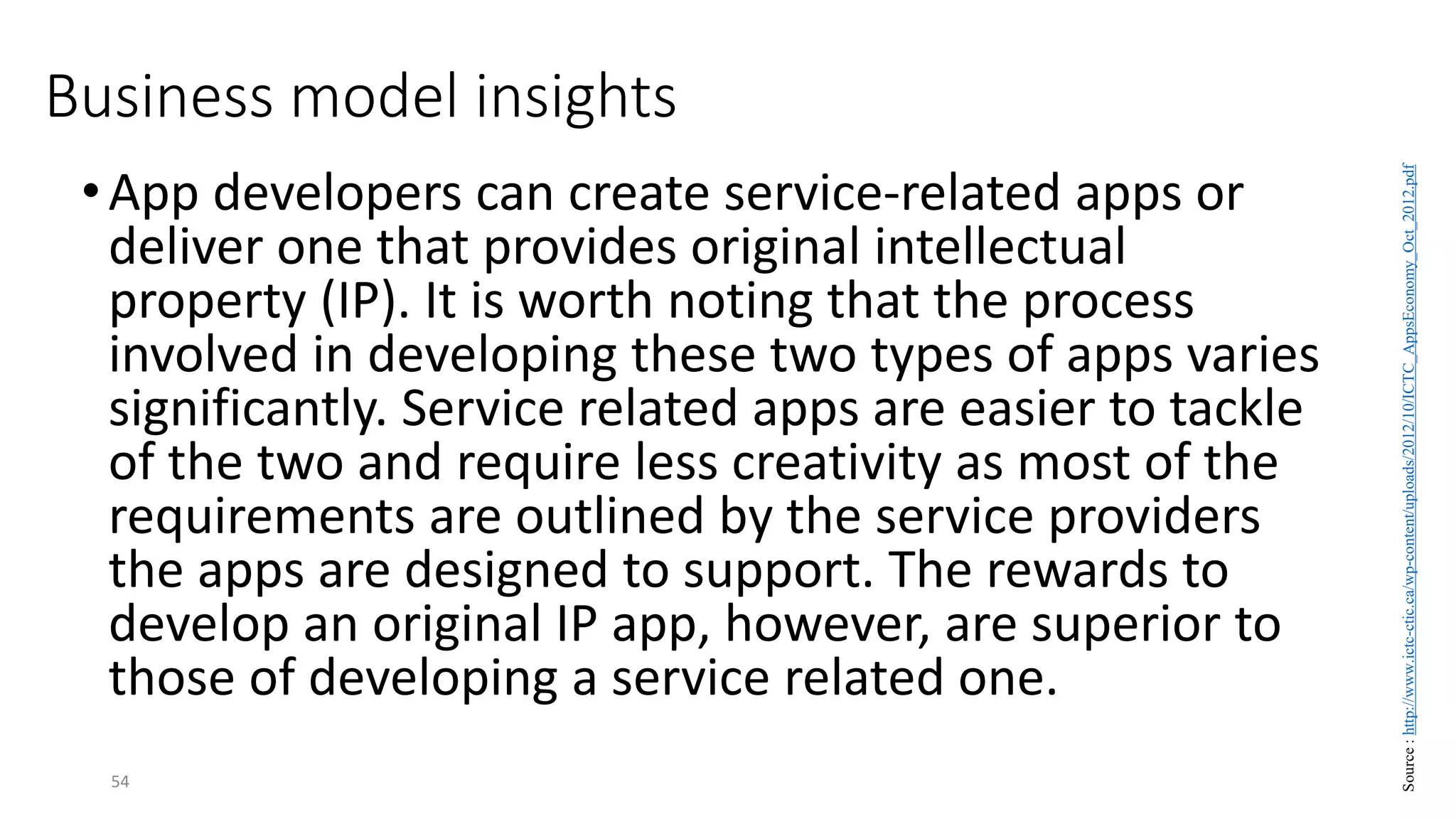 •App developers can create service-related apps or
deliver one that provides original intellectual
property (IP). It is worth noting that the process
involved in developing these two types of apps varies
significantly. Service related apps are easier to tackle
of the two and require less creativity as most of the
requirements are outlined by the service providers
the apps are designed to support. The rewards to
develop an original IP app, however, are superior to
those of developing a service related one.
54
Business model insights
Source
:
http://www.ictc-ctic.ca/wp-content/uploads/2012/10/ICTC_AppsEconomy_Oct_2012.pdf
 