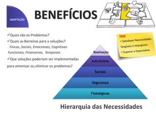 ADAPTAÇÃO
                      OBJETIVOS
ESpecíficos
 Mensuráveis
 Atingíveis
 Relevantes
 Tempo (Prazo)
  - curto, médio, longo

PROBLEMAS COMUNS
                          Valor     Pareto / Curva ABC                  Matriz de Hierarquia
                                                                        Peso    Idéia 1   Idéia 2   Idéia n
• Recursos físicos,       80%                              Critério 1
humanos, financeiros                                       Critério 2



                          A B                 C            Critério 3
• Visibilidade                                             Critério n
• Engajamento                                                           Média

• Conhecimento                                Quantidade
                              20%
 