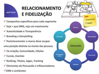 ADAPTAÇÃO
                  BENEFÍCIOS
Quais são os Problemas?
Quais as Barreiras para a soluções?
 Físicas, Sociais, Emocionais, Cognitivas
Funcionais, Financeiras, Temporais
Que soluções podem ser implementadas
para amenizar ou eliminar os problemas?
 Quais trazem o maior retorno com o
menor custo?
 É possível escalar?
 