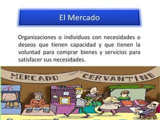 Organizaciones o individuos con necesidades o
deseos que tienen capacidad y que tienen la
voluntad para comprar bienes y servicios para
satisfacer sus necesidades.
 