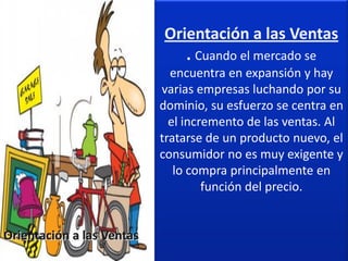 Orientación a las Ventas
                              . Cuando el mercado se
                             encuentra en expansión y hay
                           varias empresas luchando por su
                           dominio, su esfuerzo se centra en
                             el incremento de las ventas. Al
                           tratarse de un producto nuevo, el
                           consumidor no es muy exigente y
                              lo compra principalmente en
                                    función del precio.


Orientación a las Ventas
 