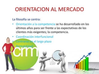 ORIENTACION AL MERCADO
La filosofía se centra:
• Orientación a la competencia se ha desarrollado en los
   últimos años para ser frente a las expectativas de los
   clientes más exigentes; la competencia.
• Coordinación interfuncional
• Centrarse en el largo plazo
• Rentabilidad.
 