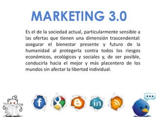 Es el de la sociedad actual, particularmente sensible a
las ofertas que tienen una dimensión trascendental:
asegurar el bienestar presente y futuro de la
humanidad al protegerla contra todos los riesgos
económicos, ecológicos y sociales y, de ser posible,
conducirla hacia el mejor y más placentero de los
mundos sin afectar la libertad individual.
 