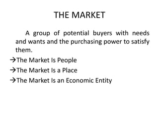 THE MARKET
A group of potential buyers with needs
and wants and the purchasing power to satisfy
them.
The Market Is People
The Market Is a Place
The Market Is an Economic Entity
 