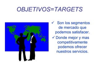 OBJETIVOS=TARGETS
 Son los segmentos
de mercado que
podemos satisfacer.
 Donde mejor y mas
competitivamente
podemos ofrecer
nuestros servicios.
 