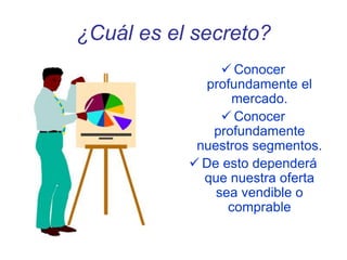 ¿Cuál es el secreto?
 Conocer
profundamente el
mercado.
 Conocer
profundamente
nuestros segmentos.
 De esto dependerá
que nuestra oferta
sea vendible o
comprable
 