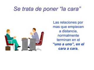 Se trata de poner “la cara”
Las relaciones por
mas que empiecen
a distancia,
normalmente
terminan en el
“uno a uno”, en el
cara a cara.
 