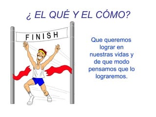 ¿ EL QUÉ Y EL CÓMO?
Que queremos
lograr en
nuestras vidas y
de que modo
pensamos que lo
lograremos.
 
