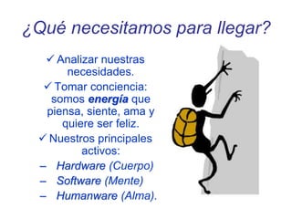 ¿Qué necesitamos para llegar?
 Analizar nuestras
necesidades.
 Tomar conciencia:
somos energía que
piensa, siente, ama y
quiere ser feliz.
 Nuestros principales
activos:
– Hardware (Cuerpo)
– Software (Mente)
– Humanware (Alma).
 