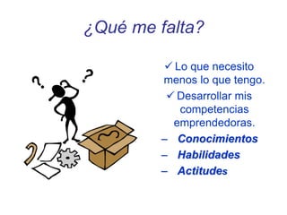 ¿Qué me falta?
 Lo que necesito
menos lo que tengo.
 Desarrollar mis
competencias
emprendedoras.
– Conocimientos
– Habilidades
– Actitudes
 