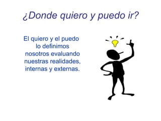 ¿Donde quiero y puedo ir?
El quiero y el puedo
lo definimos
nosotros evaluando
nuestras realidades,
internas y externas.
 
