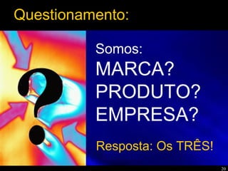 20
Somos:
MARCA?
PRODUTO?
EMPRESA?
Questionamento:
Resposta: Os TRÊS!
 