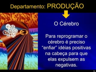 36
Departamento: PRODUÇÃO
O Cérebro
Para reprogramar o
cérebro é preciso
“enfiar” idéias positivas
na cabeça para que
elas expulsem as
negativas.
 
