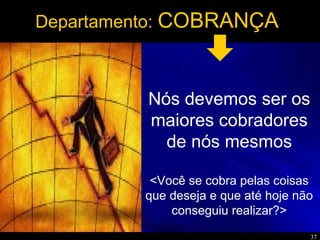 37
Departamento: COBRANÇA
Nós devemos ser os
maiores cobradores
de nós mesmos
<Você se cobra pelas coisas
que deseja e que até hoje não
conseguiu realizar?>
 
