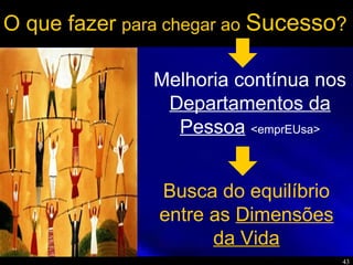 43
O que fazer para chegar ao Sucesso?
Busca do equilíbrio
entre as Dimensões
da Vida
Melhoria contínua nos
Departamentos da
Pessoa <emprEUsa>
 