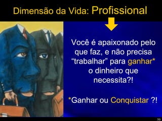 50
Dimensão da Vida: Profissional
Você é apaixonado pelo
que faz, e não precisa
“trabalhar” para ganhar*
o dinheiro que
necessita?!
*Ganhar ou Conquistar ?!
 