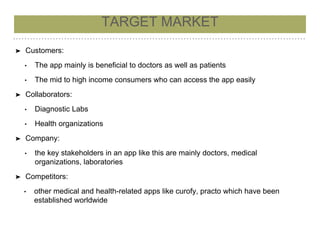➤ Customers:
• The app mainly is beneficial to doctors as well as patients
• The mid to high income consumers who can access the app easily
➤ Collaborators:
• Diagnostic Labs
• Health organizations
➤ Company:
• the key stakeholders in an app like this are mainly doctors, medical
organizations, laboratories
➤ Competitors:
• other medical and health-related apps like curofy, practo which have been
established worldwide
TARGET MARKET
 