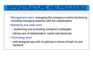 INFRASTRUCTURE AND PROCESSES
• Management team- managing the company’s entire functioning
including managing relations with the collaborators
• Marketing and sales team
- positioning and promoting company’s strategies
- taking care of stakeholders’ needs and demands
• Technology team
- well-designed app with no glitches in terms of both UI and
backend
 