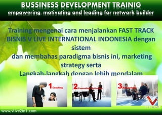 Training mengenai cara menjalankan FAST TRACK
BISNIS V LIVE INTERNATIONAL INDONESIA dengan
sistem
dan membahas paradigma bisnis ini, marketing
strategy serta
Langkah-langkah dengan lebih mendalam
www.vlive2in1.com
 