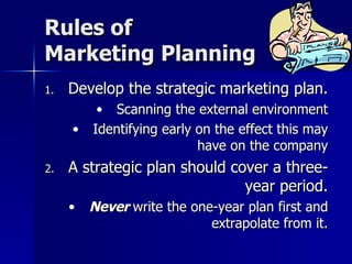 Rules of  Marketing Planning <ul><li>Develop the strategic marketing plan. </li></ul><ul><ul><li>Scanning the external env...