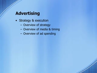 Advertising Strategy & execution Overview of strategy Overview of media & timing Overview of ad spending 
