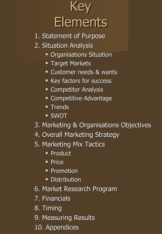 Key Elements 1. Statement of Purpose 2. Situation Analysis Organisations Situation Target Markets Customer needs & wants Key factors for success Competitor Analysis Competitive Advantage Trends SWOT 3. Marketing & Organisations Objectives 4. Overall Marketing Strategy 5. Marketing Mix Tactics Product Price Promotion Distribution 6. Market Research Program 7. Financials 8. Timing 9. Measuring Results 10. Appendices 
