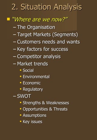 “ Where are we now?” The Organisation Target Markets (Segments) Customers needs and wants Key factors for success Competitor analysis Market trends Social Environmental Economic Regulatory SWOT Strengths & Weaknesses Opportunities & Threats Assumptions Key issues 2. Situation Analysis 
