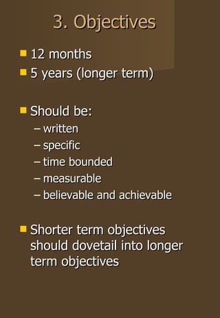3. Objectives 12 months 5 years (longer term) Should be: written specific time bounded measurable believable and achievable Shorter term objectives should dovetail into longer term objectives 
