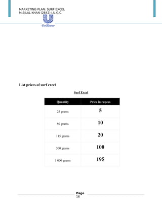 MARKETING PLAN: SURF EXCEL
M.BILAL KHAN (2642) I.U.G.C
List prices of surf excel
Surf Excel
Quantity Price in rupees
25 grams 5
50 grams 10
115 grams 20
500 grams 100
1 000 grams 195
　　
Page
16
 