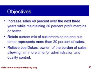 Objectives <ul><li>Increase sales 40 percent over the next three years while maintaining 20 percent profit margins or bett...