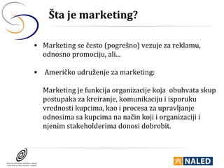 Šta je marketing?

• Marketing se često (pogrešno) vezuje za reklamu,
  odnosno promociju, ali...

• Američko udruženje za...