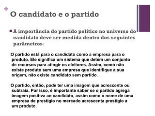 O candidato e o partido A importância do partido político no universo do candidato deve ser medida dentro dos seguintes parâmetros : O partido está para o candidato como a empresa para o produto. Ele significa um sistema que detém um conjunto de recursos para atingir os eleitores. Assim, como não existe produto sem uma empresa que identifique a sua origem, não existe candidato sem partido.  O partido, então, pode ter uma imagem que acrescente ou subtraia. Por isso, é importante saber se o partido agrega imagem positiva ao candidato, assim como o nome de uma empresa de prestígio no mercado acrescenta prestígio a um produto.   