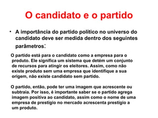 O candidato e o partido A importância do partido político no universo do candidato deve ser medida dentro dos seguintes parâmetros : O partido está para o candidato como a empresa para o produto. Ele significa um sistema que detém um conjunto de recursos para atingir os eleitores. Assim, como não existe produto sem uma empresa que identifique a sua origem, não existe candidato sem partido.  O partido, então, pode ter uma imagem que acrescente ou subtraia. Por isso, é importante saber se o partido agrega imagem positiva ao candidato, assim como o nome de uma empresa de prestígio no mercado acrescenta prestígio a um produto.   