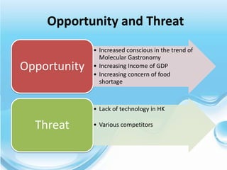 Opportunity and Threat
              • Increased conscious in the trend of
                Molecular Gastronomy
Opportunity   • Increasing Income of GDP
              • Increasing concern of food
                shortage



              • Lack of technology in HK

  Threat      • Various competitors
 