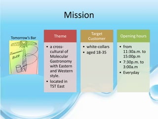 Mission
                                      Target
Tomorrow’s Bar       Theme                          Opening hours
                                     Customer
                 • a cross-       • white-collars   • from
                   cultural of    • aged 18-35        11:30a.m. to
                   Molecular                          15:00p.m
                   Gastronomy                       • 7:30p.m. to
                   with Eastern                       3:00a.m
                   and Western                      • Everyday
                   style.
                 • located in
                   TST East
 