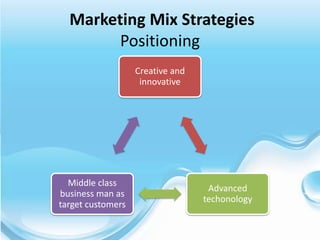 Marketing Mix Strategies
        Positioning
                   Creative and
                    innovative




  Middle class
                                   Advanced
business man as
                                  techonology
target customers
 