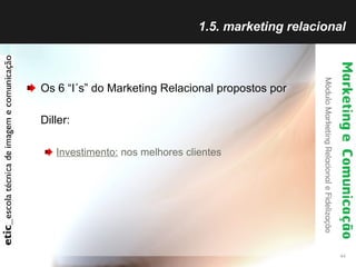 1.5. marketing relacional Os 6 “I´s” do Marketing Relacional propostos por Diller: Investimento:  nos melhores clientes 