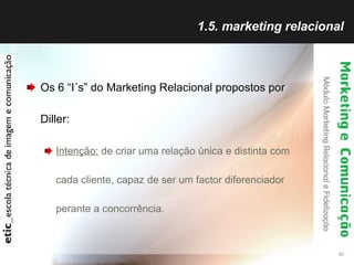 1.5. marketing relacional Os 6 “I´s” do Marketing Relacional propostos por Diller: Intenção:  de criar uma relação única e distinta com cada cliente, capaz de ser um factor diferenciador perante a concorrência. 