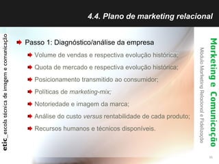 4.4. Plano de marketing relacional Passo 1: Diagnóstico/análise da empresa Volume de vendas e respectiva evolução histórica;  Quota de mercado e respectiva evolução histórica;  Posicionamento transmitido ao consumidor;  Políticas de  marketing-mix;   Notoriedade e imagem da marca;  Análise do custo  versus  rentabilidade de cada produto;  Recursos humanos e técnicos disponíveis.  