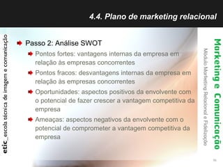 4.4. Plano de marketing relacional Passo 2: Análise SWOT Pontos fortes: vantagens internas da empresa em relação às empresas concorrentes   Pontos fracos: desvantagens internas da empresa em relação às empresas concorrentes   Oportunidades: aspectos positivos da envolvente com o potencial de fazer crescer a vantagem competitiva da empresa  Ameaças: aspectos negativos da envolvente com o potencial de comprometer a vantagem competitiva da empresa   