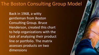 The Boston Consulting Group Model
Back in 1968, a witty
gentleman from Boston
Consulting Group. Bruce
Henderson, created this chart
to help organizations with the
task of analyzing their product
line or portfolio. The matrix
assesses products on two
dimensions.
 