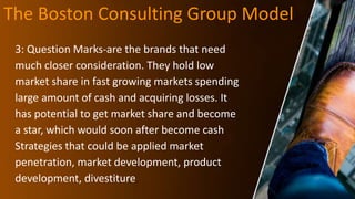 The Boston Consulting Group Model
3: Question Marks-are the brands that need
much closer consideration. They hold low
market share in fast growing markets spending
large amount of cash and acquiring losses. It
has potential to get market share and become
a star, which would soon after become cash
Strategies that could be applied market
penetration, market development, product
development, divestiture.
 