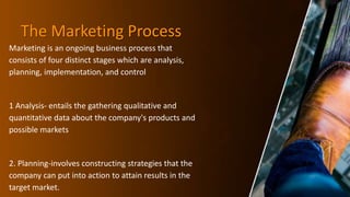 The Marketing Process
Marketing is an ongoing business process that
consists of four distinct stages which are analysis,
planning, implementation, and control
1 Analysis- entails the gathering qualitative and
quantitative data about the company's products and
possible markets
2. Planning-involves constructing strategies that the
company can put into action to attain results in the
target market.
 